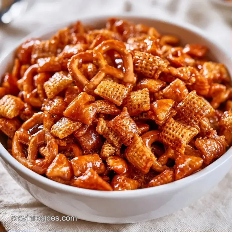 A festive bowl of glossy, caramel-coated cereal mix and cone snacks scattered on a dark wooden surface.