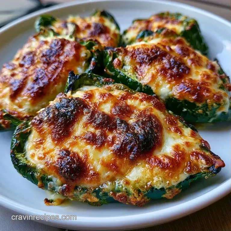 Three roasted green peppers on a white ceramic platter, topped with melted cheese and a sprinkle of fresh cilantro.