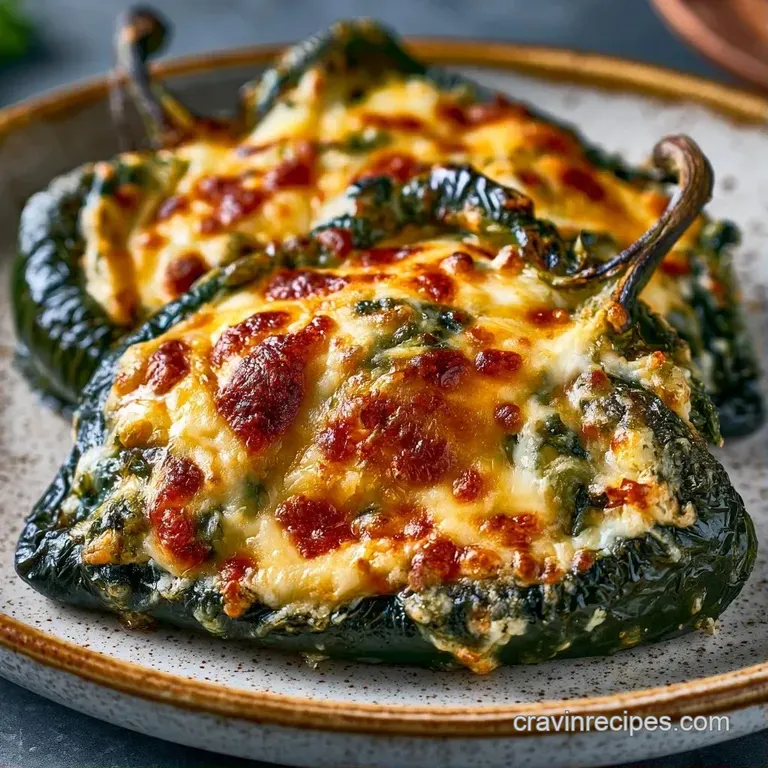 Charred green peppers filled with creamy cheese, drizzled with white sauce on a clean white porcelain dinner plate.
