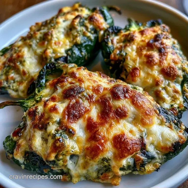Blistered dark green peppers filled with melted white cheese and fresh cilantro sprigs on a rustic stoneware plate.