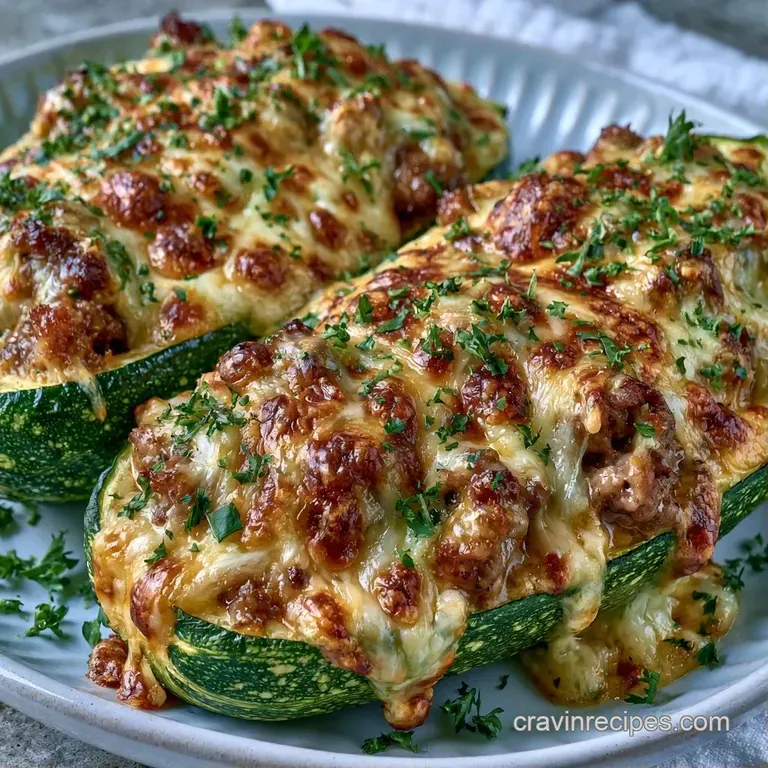 Two zucchini boats filled with savory browned beef and melted mozzarella on a minimalist matte dark slate plate.