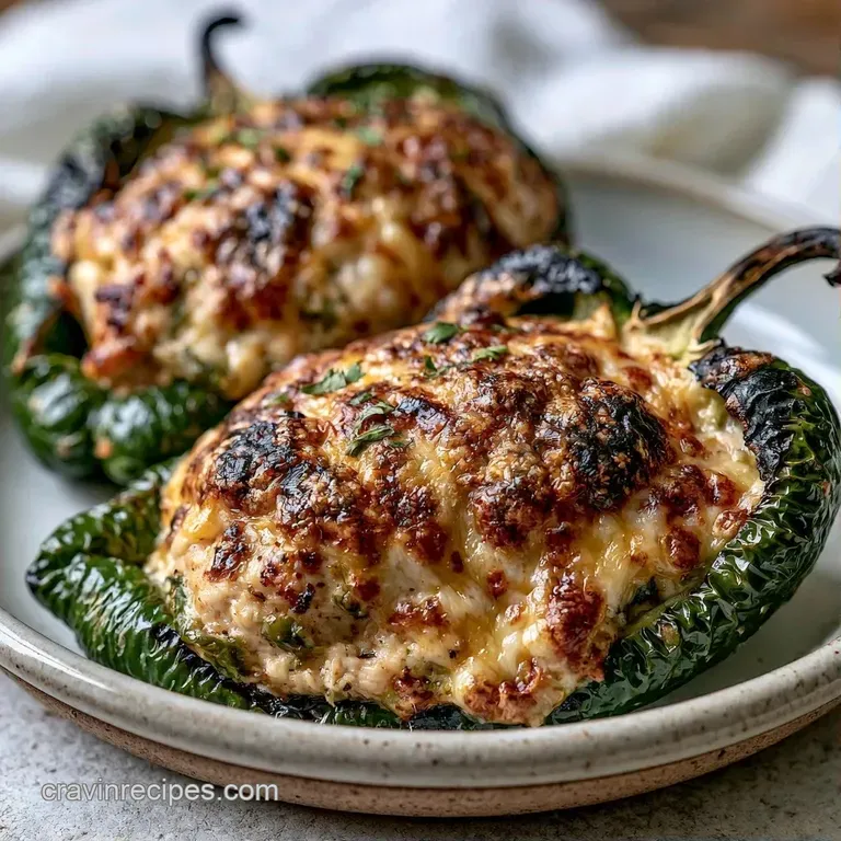 Three roasted green peppers filled with cheese, garnished with fresh cilantro and lime on a slate board.