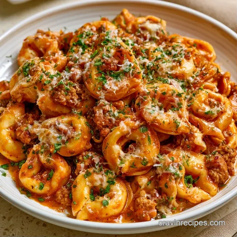 A white ceramic bowl filled with creamy pasta and savory sausage, topped with a sprinkle of fresh green parsley.