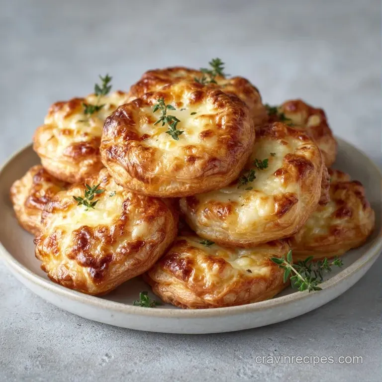 Small, airy pastry squares arranged on a white ceramic plate, garnished with fresh microgreens and a drizzle of glaze.