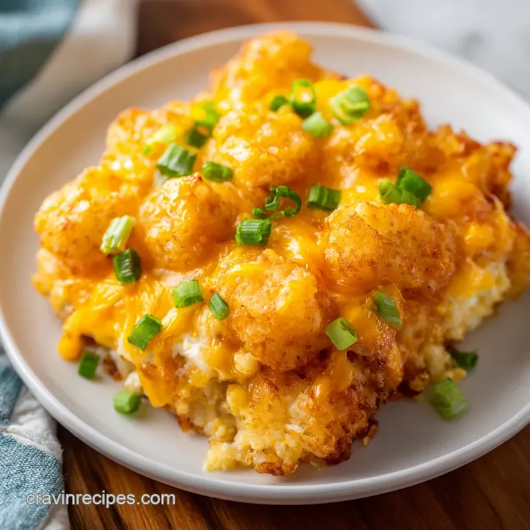 A generous slice of cheesy tater tot casserole with crispy edges, served on a white plate with fresh herbs. Comfort food p...