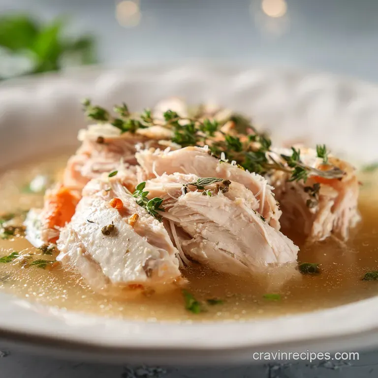 Elegant plating featuring succulent chicken bathed in rich broth, artfully garnished with vibrant greens and a drizzle of ...
