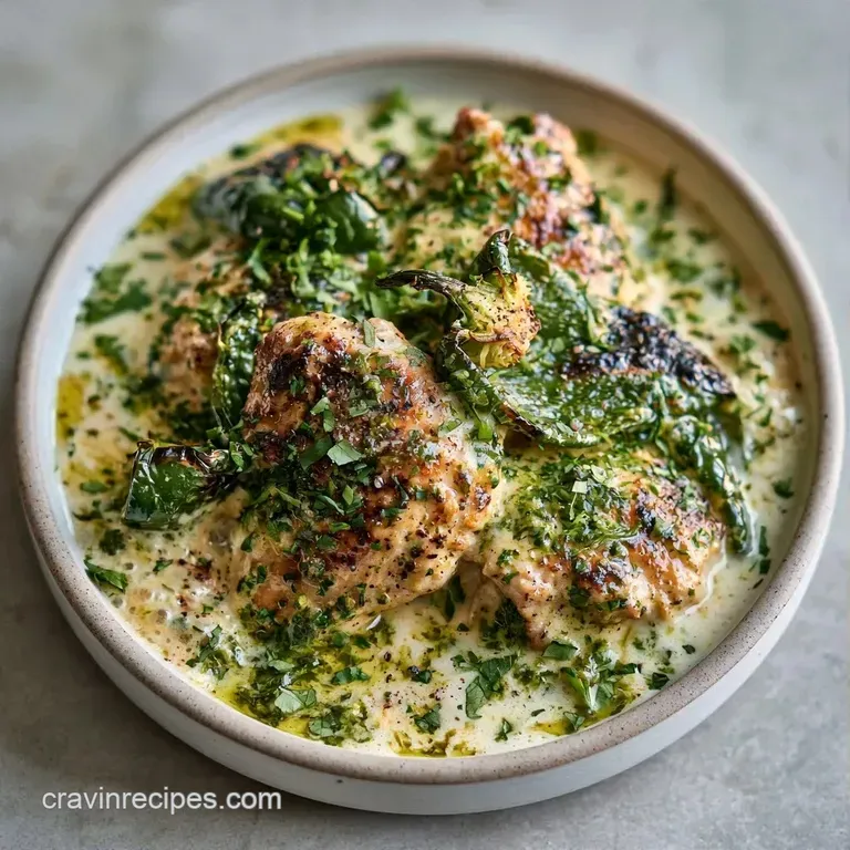 A neat scoop of creamy chicken and roasted green chiles topped with melted cheese, garnished with fresh cilantro.