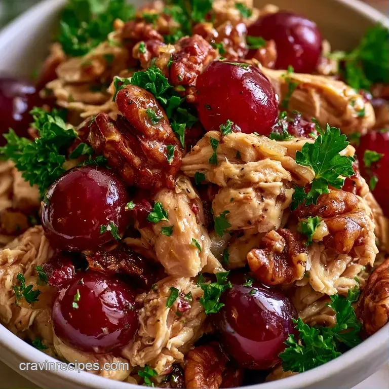 Neatly scooped creamy salad on a leaf of vibrant green butter lettuce, topped with halved grapes and toasted pecans.