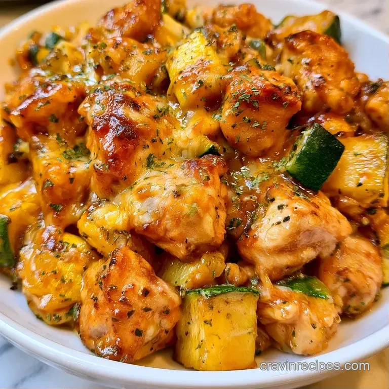 Tender chicken chunks and vibrant orange squash arranged on a white plate with a side of steamed green zucchini.