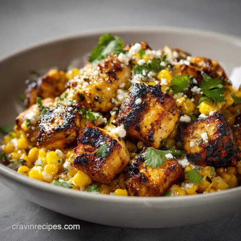 Colorful medley of charred corn, grilled chicken, and creamy dressing topped with fresh cilantro and cotija cheese.