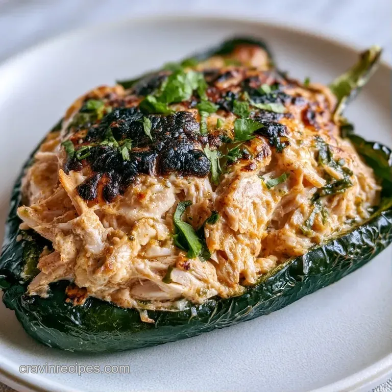 Two roasted green peppers filled with savory chicken and melted cheese, garnished with fresh cilantro leaves.
