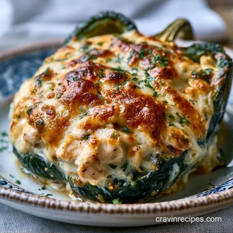 Charred green peppers filled with creamy chicken, drizzled with white crema and sprinkled with bright cilantro.