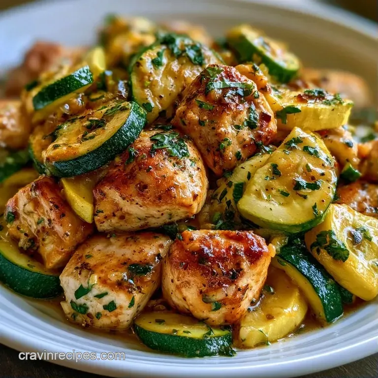 A neat scoop of tender chicken and vibrant summer squash served on a white plate with a sprig of fresh parsley.