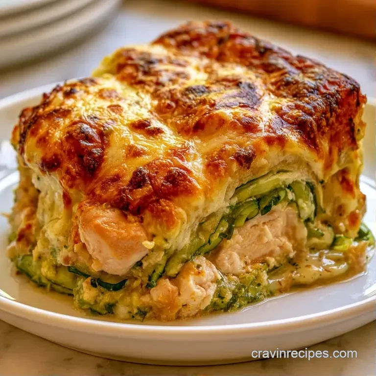 A slice of cheesy layered casserole on a white plate, garnished with a fresh basil leaf and a dusting of parmesan.