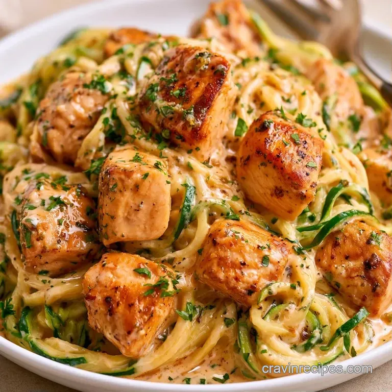 Elegant plate of spiraled green vegetables and seared golden chicken garnished with fresh herbs and white cheese.