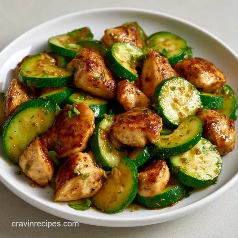 Slices of golden chicken and tender zucchini arranged on a ceramic plate with a drizzle of garlic butter and herbs.