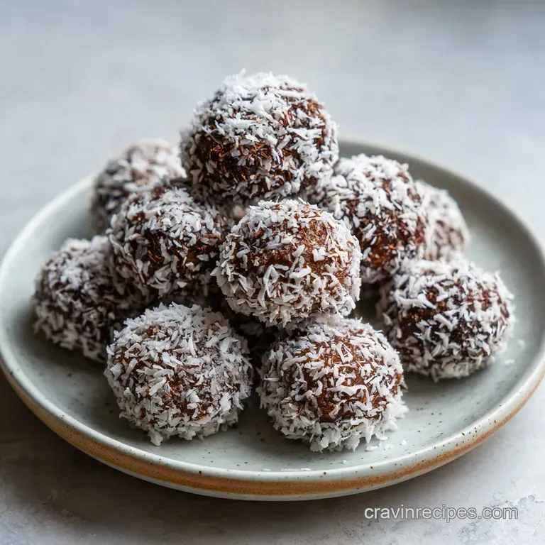 A trio of rich chocolate coconut balls artfully arranged on a white plate with a sprinkle of cocoa.