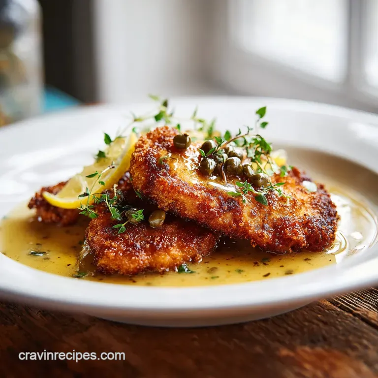 Elegant white plate showcasing tender chicken piccata adorned with fresh parsley and lemon slices.