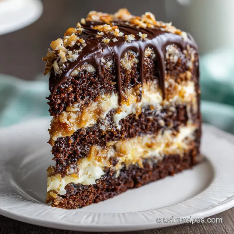 Slice of decadent German chocolate cake on a white plate, coconut flakes and chocolate shavings garnish.