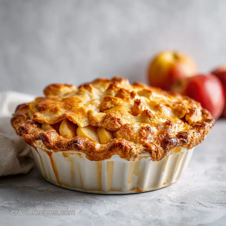 A slice of warm apple pie on a white plate, topped with creamy vanilla ice cream melting.