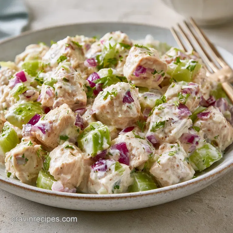 A neat scoop of creamy chicken salad resting on vibrant green leaf lettuce atop a clean white plate.