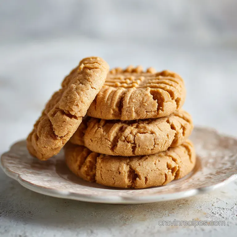 A stack of soft, inviting peanut butter cookies, artfully presented on a white ceramic plate with a dusting of powdered su...