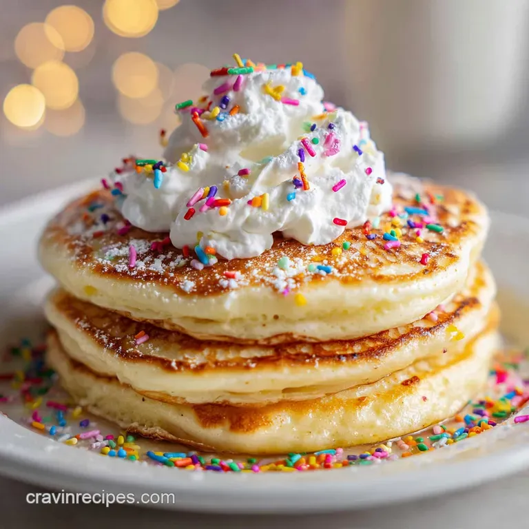 Three tender, golden pancakes delicately stacked, crowned with whipped cream and a dusting of powdered sugar.