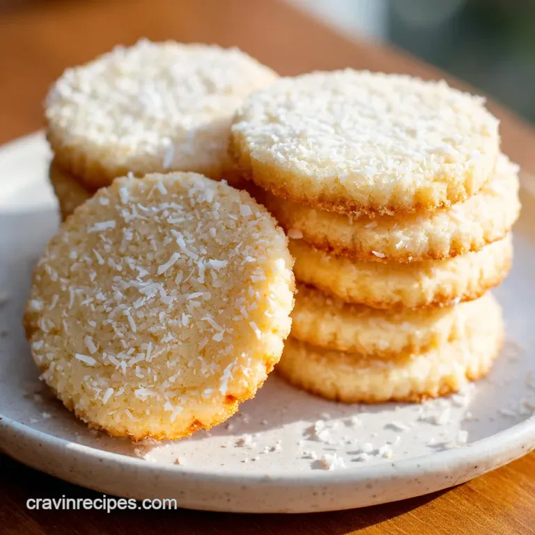 A stack of buttery shortbread cookies, subtly toasted edges, adorned with delicate coconut.