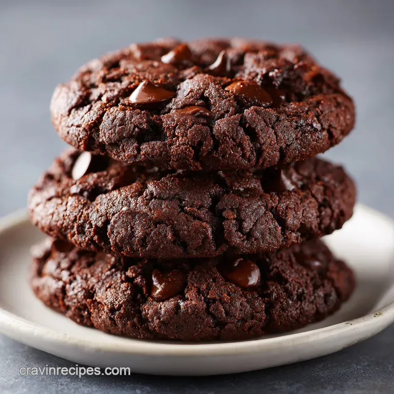 A stack of rich double chocolate cookies presented on a rustic plate, dusted with powdered sugar, hinting at a delectable ...