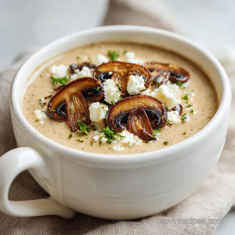 A ceramic bowl of velvety white soup with a swirl of cream, sliced mushrooms, and a sprig of thyme on a linen napkin.