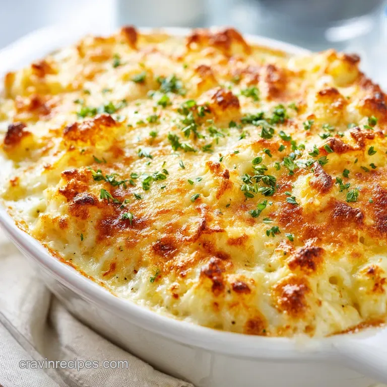 A scoop of creamy, cheesy pasta topped with bubbly toasted cheese and a sprinkle of fresh green parsley on a white plate