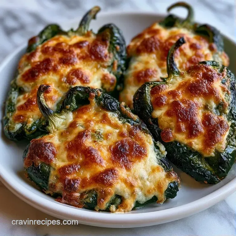 Three charred green peppers filled with savory rice and melted cheese, plated on a clean white ceramic dish.