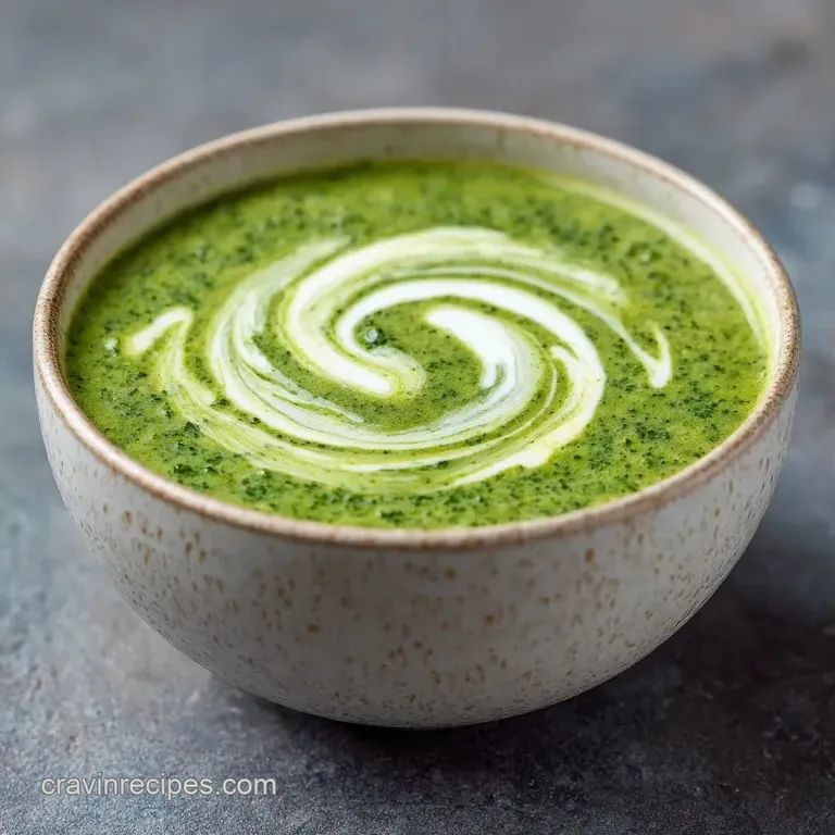Thick green soup in a white ceramic bowl on a rustic wooden table, paired with a slice of toasted sourdough bread.