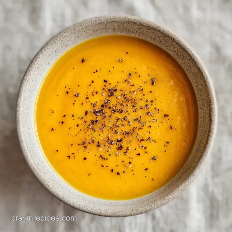 A minimalist white bowl of smooth orange puree accented by a swirl of gold oil and a sprig of bright green parsley.