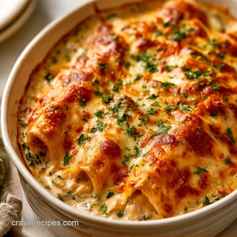 Cheesy rolled tortillas in a rustic skillet, garnished with bright green cilantro and finely diced red onion.