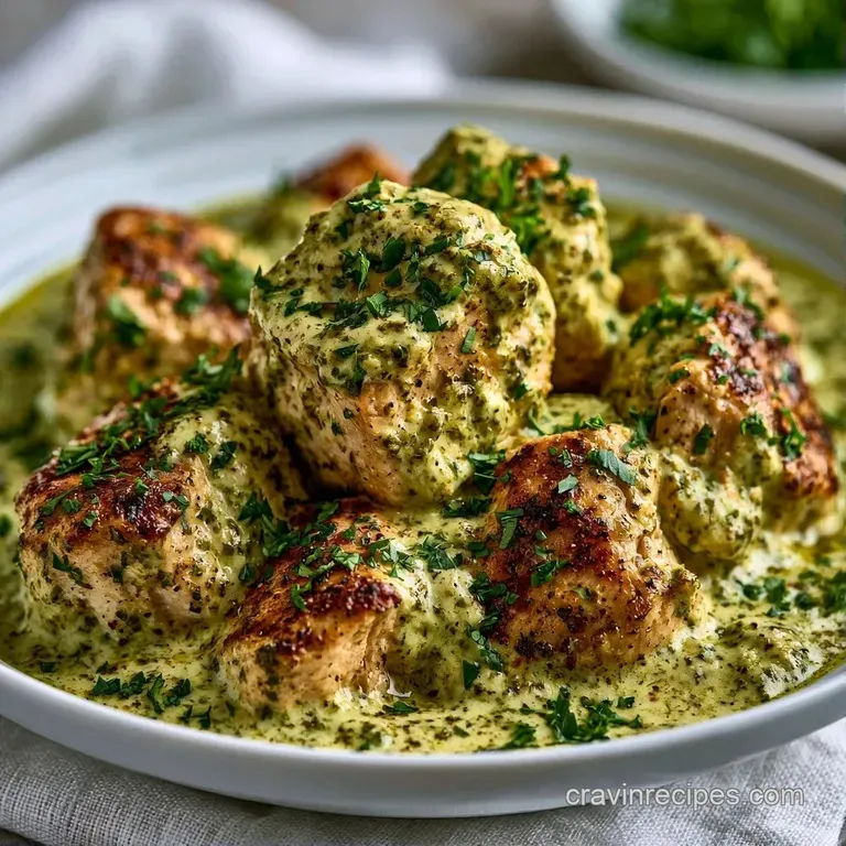 Creamy chicken and poblano strips in a white ceramic bowl, topped with fresh cilantro and melted cheese.