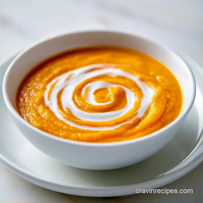 Pale ivory soup in a shallow ceramic bowl topped with orange chili oil and toasted sesame seeds on a linen napkin