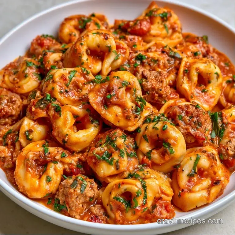 A white ceramic bowl of cheesy pasta and savory meat topped with a sprig of fresh basil and grated parmesan.