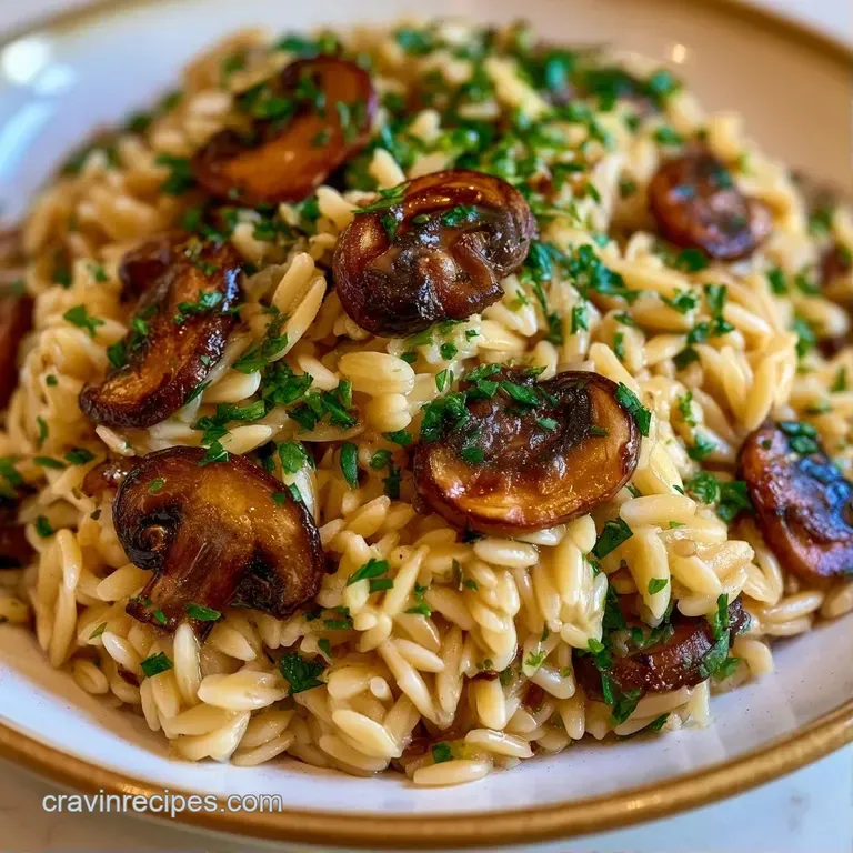 Elegant white bowl of creamy risotto-style pasta topped with browned mushrooms and a sprig of bright green parsley.