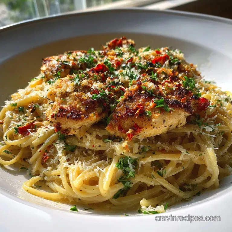 Elegant swirl of creamy pasta with juicy chicken, grated parmesan, and parsley sprig. Warm, inviting comfort food.