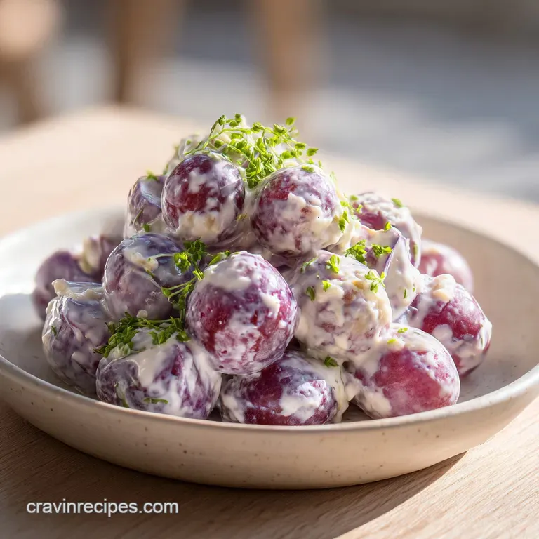 A silver spoon scooping a glistening portion of green grape salad with creamy dressing from a white bowl.