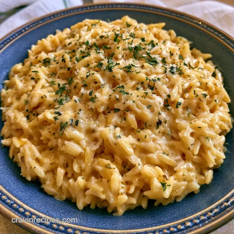 Fluffy white pasta grains piled in a ceramic bowl, garnished with a lemon wedge and fresh herb sprigs.