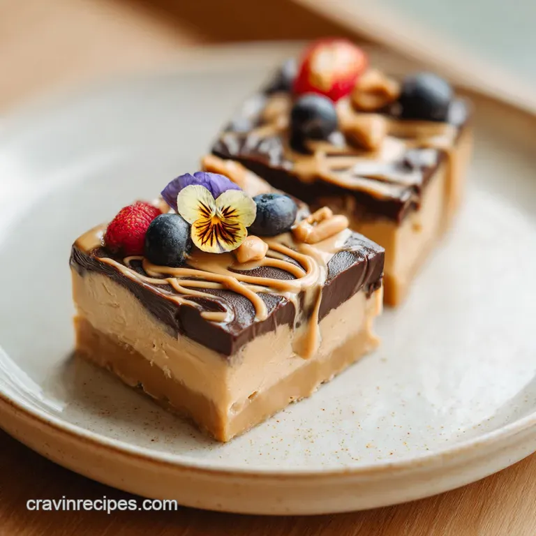 A perfect square of peanut butter fudge, elegantly plated. Notice the creamy swirls and the tempting, smooth texture. A de...