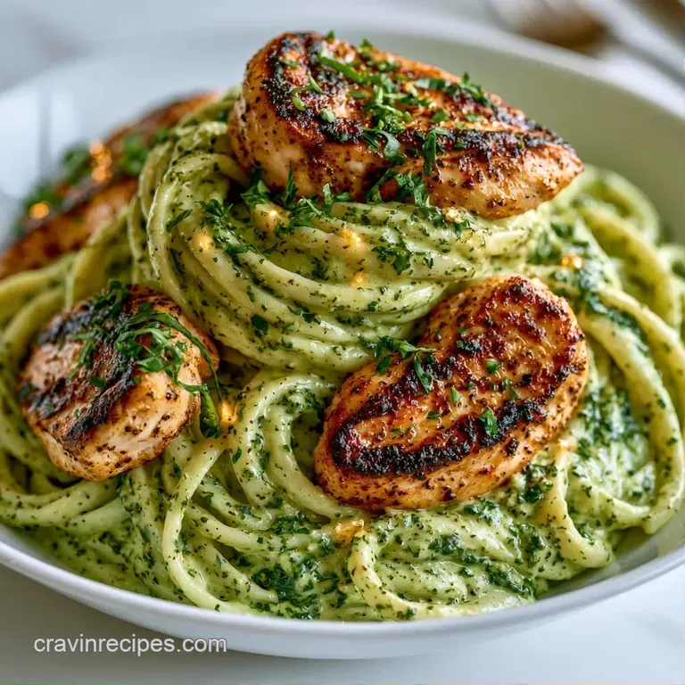 Pasta in a pale green sauce served in a white bowl, garnished with fresh green cilantro and grated parmesan.