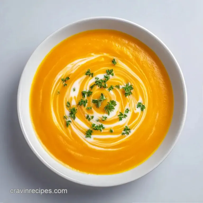 A vibrant orange vegetable puree served in a white bowl, garnished with fresh parsley and toasted golden croutons.