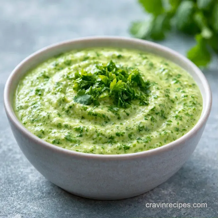 Silky sage green sauce drizzled over grilled protein, accented by toasted pepitas and a slice of fresh lime.