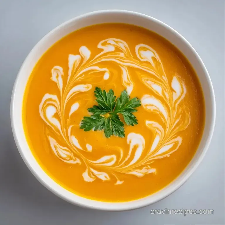 Silky orange soup served in a ceramic bowl with a lime wedge and toasted pumpkin seeds on a rustic wood surface.