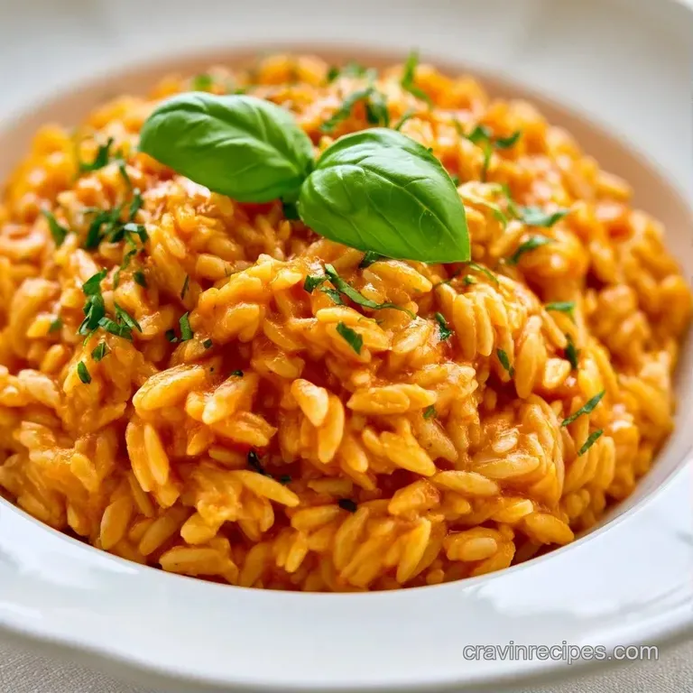A shallow white bowl of velvety orange pasta topped with a fresh basil sprig and a dusting of white cheese.