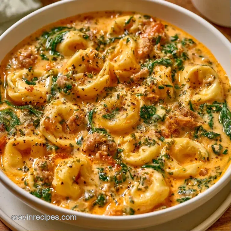 A white ceramic bowl filled with savory pasta and sausage, topped with grated parmesan and a sprig of green herb.
