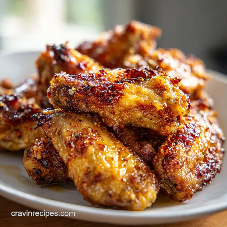 Perfectly arranged air fryer chicken wings, glistening with sauce, displayed on a white plate with a garnish of vibrant gr...